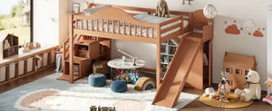 English Elm Full Loft Bed Pine Frame with Slide Storage Stairs and Built-In Wardrobe for Kids Walnut W5305S00160