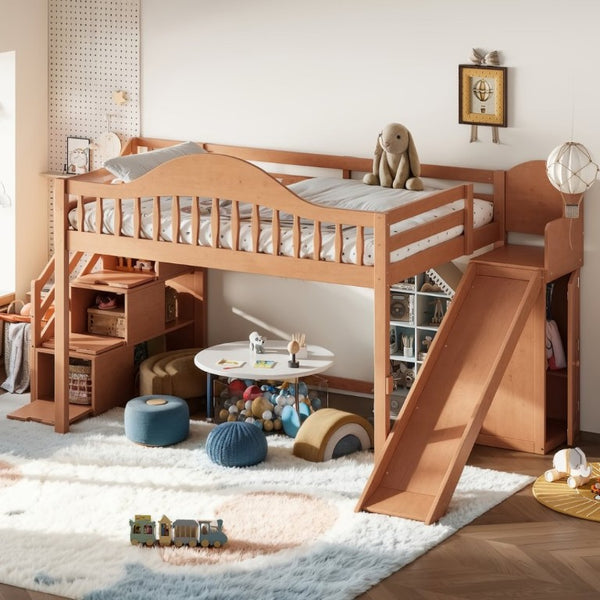 English Elm Full Loft Bed Pine Frame with Slide Storage Stairs and Built-In Wardrobe for Kids Walnut W5305S00160