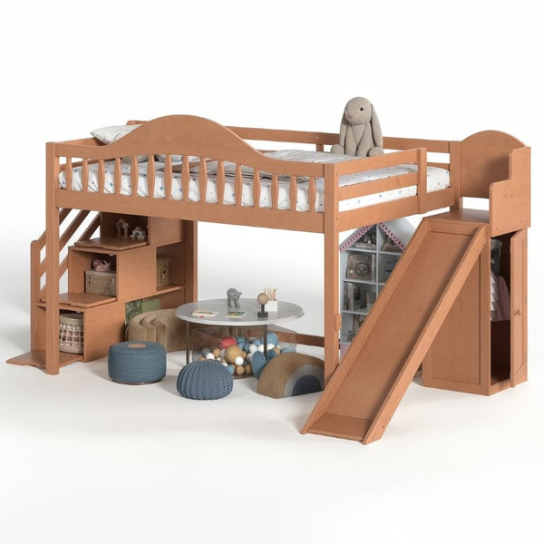 English Elm Full Loft Bed Pine Frame with Slide Storage Stairs and Built-In Wardrobe for Kids Walnut W5305S00160