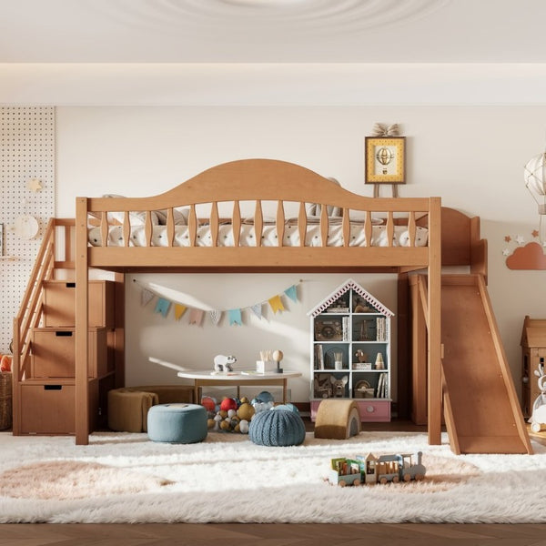 English Elm Full Loft Bed Pine Frame with Slide Storage Stairs and Built-In Wardrobe for Kids Walnut W5305S00160