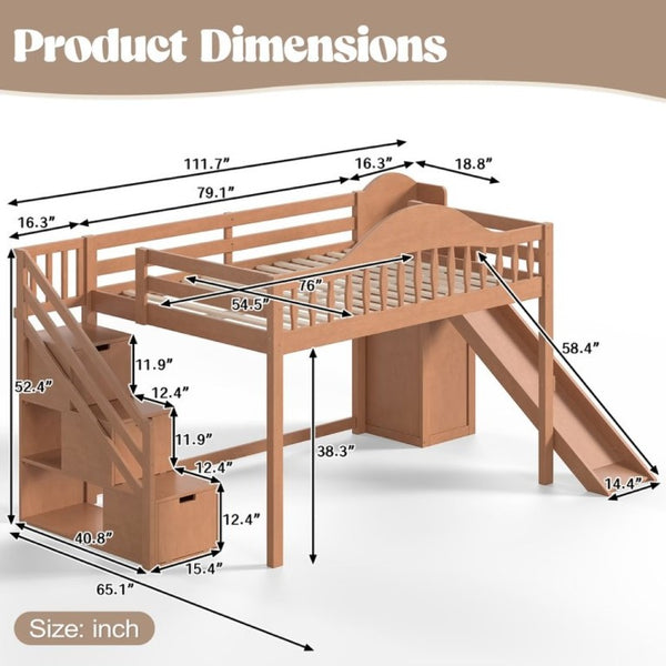 English Elm Full Loft Bed Pine Frame with Slide Storage Stairs and Built-In Wardrobe for Kids Walnut W5305S00160