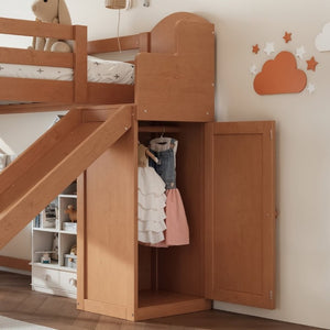 English Elm Full Loft Bed Pine Frame with Slide Storage Stairs and Built-In Wardrobe for Kids Walnut W5305S00160