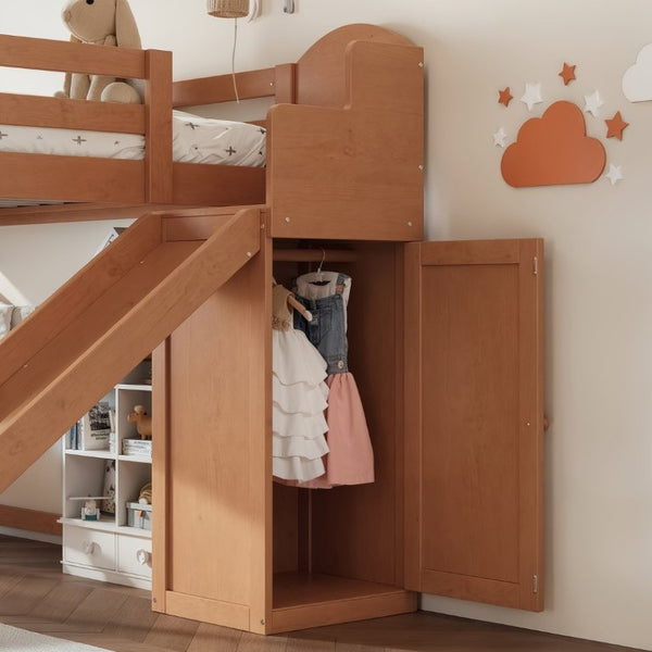 English Elm Full Loft Bed Pine Frame with Slide Storage Stairs and Built-In Wardrobe for Kids Walnut W5305S00160