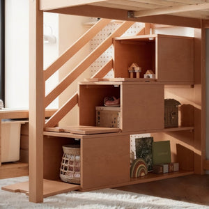 English Elm Full Loft Bed Pine Frame with Slide Storage Stairs and Built-In Wardrobe for Kids Walnut W5305S00160