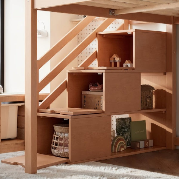 English Elm Full Loft Bed Pine Frame with Slide Storage Stairs and Built-In Wardrobe for Kids Walnut W5305S00160
