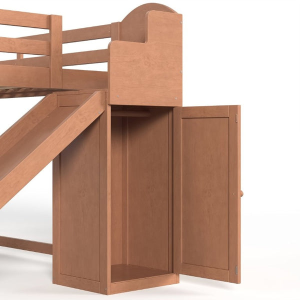 English Elm Full Loft Bed Pine Frame with Slide Storage Stairs and Built-In Wardrobe for Kids Walnut W5305S00160