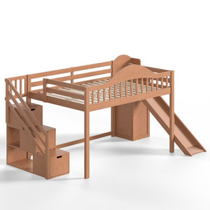 English Elm Full Loft Bed Pine Frame with Slide Storage Stairs and Built-In Wardrobe for Kids Walnut W5305S00160