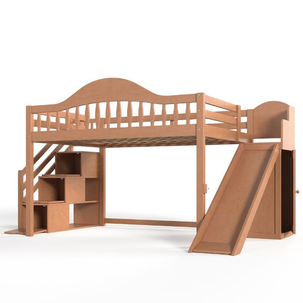 English Elm Full Loft Bed Pine Frame with Slide Storage Stairs and Built-In Wardrobe for Kids Walnut W5305S00160