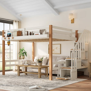 English Elm Full Loft Bed Pine Wood Frame with Side Shelves and Hook for Kids Bedroom W5305S00162
