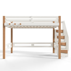 English Elm Full Loft Bed Pine Wood Frame with Side Shelves and Hook for Kids Bedroom W5305S00162