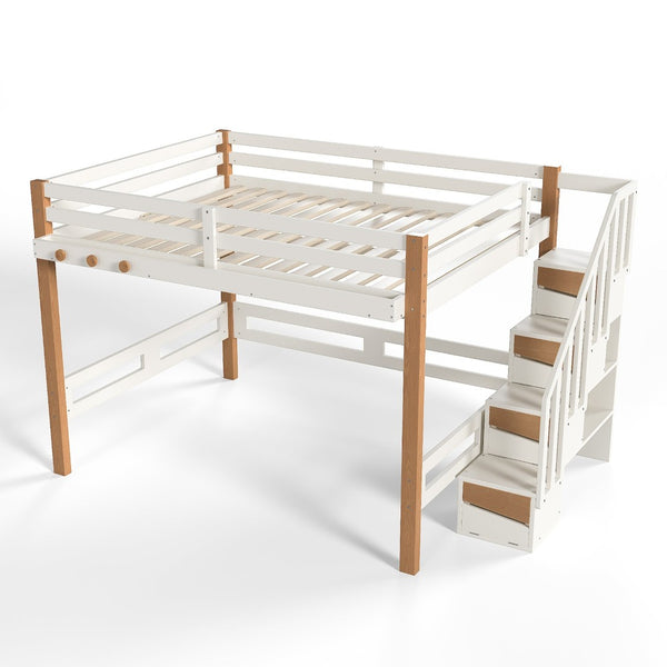 English Elm Full Loft Bed Pine Wood Frame with Side Shelves and Hook for Kids Bedroom W5305S00162