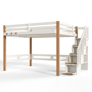 English Elm Full Loft Bed Pine Wood Frame with Side Shelves and Hook for Kids Bedroom W5305S00162