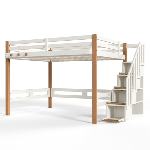 English Elm Full Loft Bed Pine Wood Frame with Side Shelves and Hook for Kids Bedroom W5305S00162