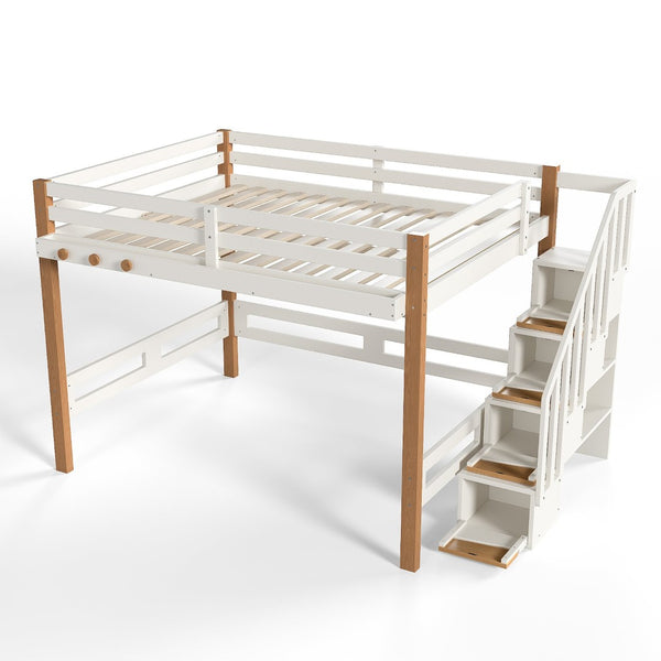 English Elm Full Loft Bed Pine Wood Frame with Side Shelves and Hook for Kids Bedroom W5305S00162