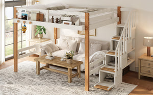 English Elm Full Loft Bed Pine Wood Frame with Side Shelves and Hook for Kids Bedroom W5305S00162