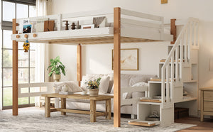 English Elm Full Loft Bed Pine Wood Frame with Side Shelves and Hook for Kids Bedroom W5305S00162