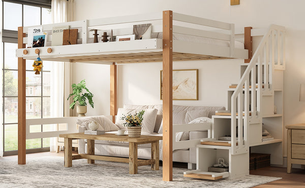 English Elm Full Loft Bed Pine Wood Frame with Side Shelves and Hook for Kids Bedroom W5305S00162
