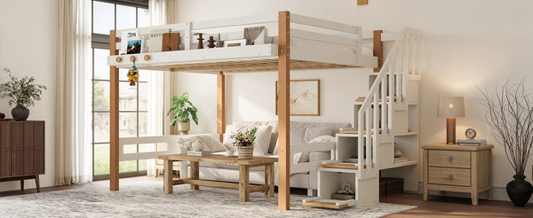 English Elm Full Loft Bed Pine Wood Frame with Side Shelves and Hook for Kids Bedroom W5305S00162