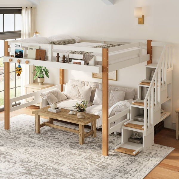 English Elm Full Loft Bed Pine Wood Frame with Side Shelves and Hook for Kids Bedroom W5305S00162
