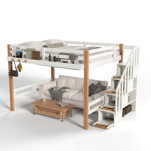 English Elm Full Loft Bed Pine Wood Frame with Side Shelves and Hook for Kids Bedroom W5305S00162