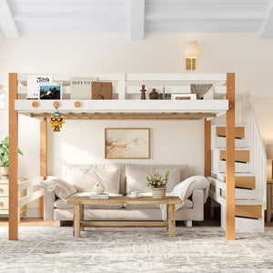 English Elm Full Loft Bed Pine Wood Frame with Side Shelves and Hook for Kids Bedroom W5305S00162
