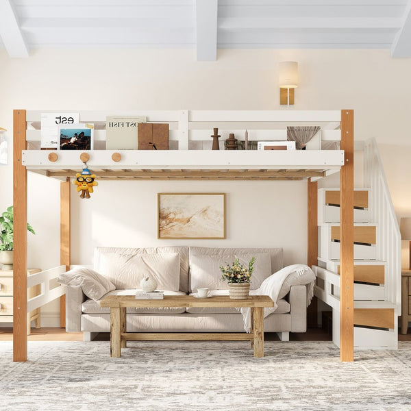 English Elm Full Loft Bed Pine Wood Frame with Side Shelves and Hook for Kids Bedroom W5305S00162