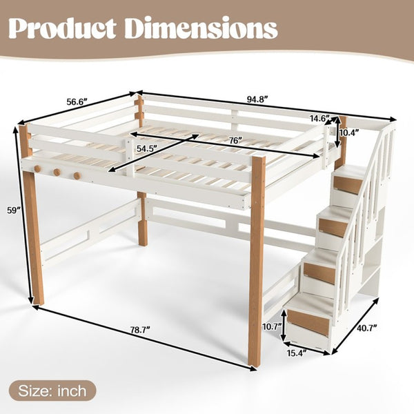 English Elm Full Loft Bed Pine Wood Frame with Side Shelves and Hook for Kids Bedroom W5305S00162