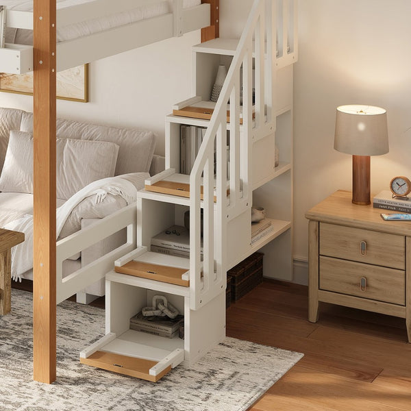English Elm Full Loft Bed Pine Wood Frame with Side Shelves and Hook for Kids Bedroom W5305S00162