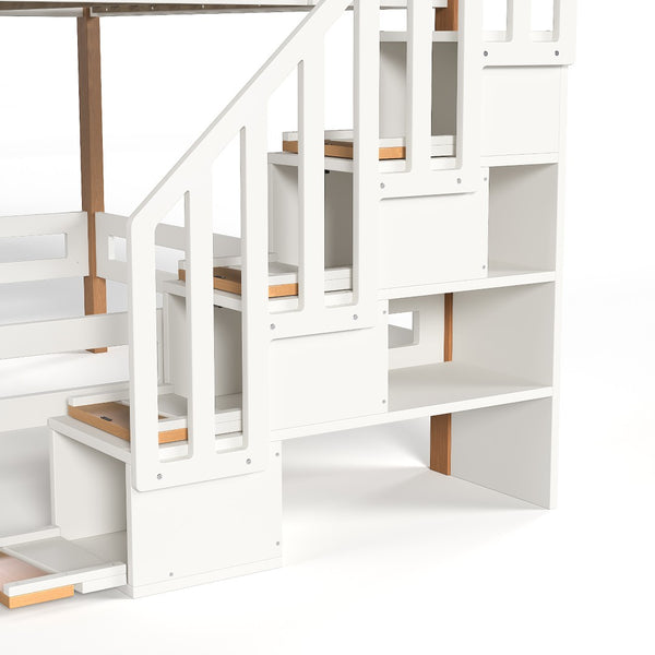 English Elm Full Loft Bed Pine Wood Frame with Side Shelves and Hook for Kids Bedroom W5305S00162