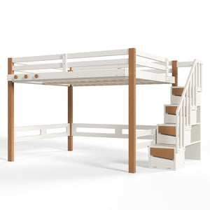 English Elm Full Loft Bed Pine Wood Frame with Side Shelves and Hook for Kids Bedroom W5305S00162