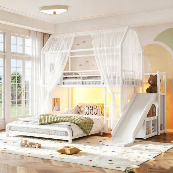 English Elm Twin Over Full Metal Playhouse Bunk Bed with Slide LED Strip and Privacy Curtain Antique White W5305S00163