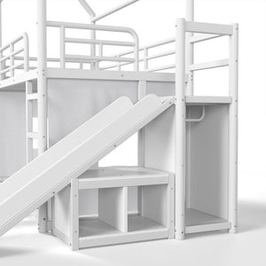 English Elm Twin Over Full Metal Playhouse Bunk Bed with Slide LED Strip and Privacy Curtain Antique White W5305S00163