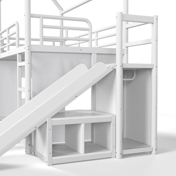 English Elm Twin Over Full Metal Playhouse Bunk Bed with Slide LED Strip and Privacy Curtain Antique White W5305S00163