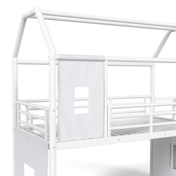 English Elm Twin Over Full Metal Playhouse Bunk Bed with Slide LED Strip and Privacy Curtain Antique White W5305S00163