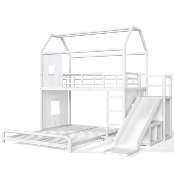 English Elm Twin Over Full Metal Playhouse Bunk Bed with Slide LED Strip and Privacy Curtain Antique White W5305S00163