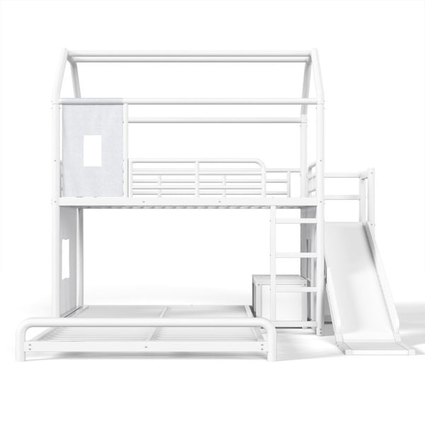 English Elm Twin Over Full Metal Playhouse Bunk Bed with Slide LED Strip and Privacy Curtain Antique White W5305S00163