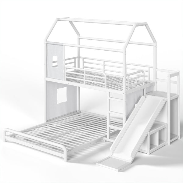 English Elm Twin Over Full Metal Playhouse Bunk Bed with Slide LED Strip and Privacy Curtain Antique White W5305S00163