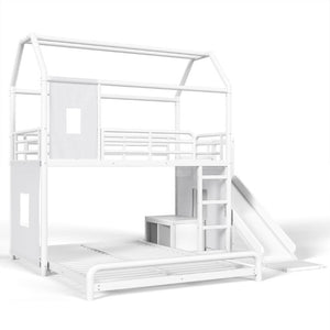 English Elm Twin Over Full Metal Playhouse Bunk Bed with Slide LED Strip and Privacy Curtain Antique White W5305S00163