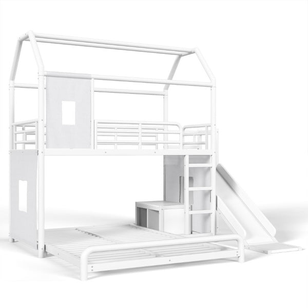 English Elm Twin Over Full Metal Playhouse Bunk Bed with Slide LED Strip and Privacy Curtain Antique White W5305S00163