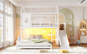 English Elm Twin Over Full Metal Playhouse Bunk Bed with Slide LED Strip and Privacy Curtain Antique White W5305S00163