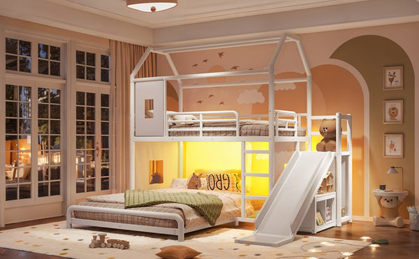 English Elm Twin Over Full Metal Playhouse Bunk Bed with Slide LED Strip and Privacy Curtain Antique White W5305S00163