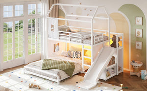 English Elm Twin Over Full Metal Playhouse Bunk Bed with Slide LED Strip and Privacy Curtain Antique White W5305S00163
