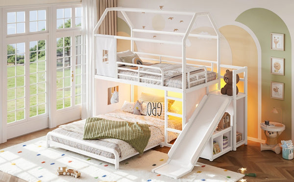 English Elm Twin Over Full Metal Playhouse Bunk Bed with Slide LED Strip and Privacy Curtain Antique White W5305S00163