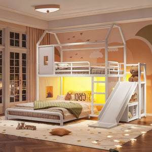 English Elm Twin Over Full Metal Playhouse Bunk Bed with Slide LED Strip and Privacy Curtain Antique White W5305S00163