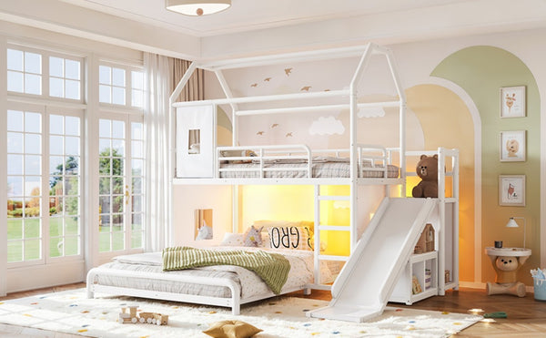 English Elm Twin Over Full Metal Playhouse Bunk Bed with Slide LED Strip and Privacy Curtain Antique White W5305S00163