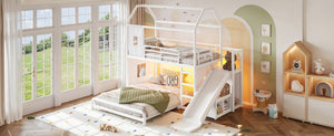 English Elm Twin Over Full Metal Playhouse Bunk Bed with Slide LED Strip and Privacy Curtain Antique White W5305S00163
