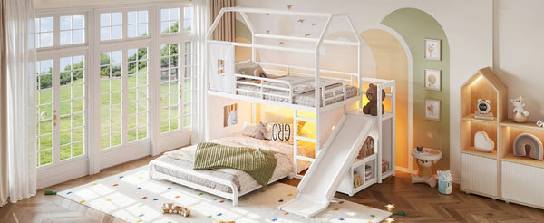 English Elm Twin Over Full Metal Playhouse Bunk Bed with Slide LED Strip and Privacy Curtain Antique White W5305S00163