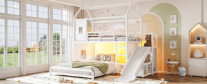 English Elm Twin Over Full Metal Playhouse Bunk Bed with Slide LED Strip and Privacy Curtain Antique White W5305S00163