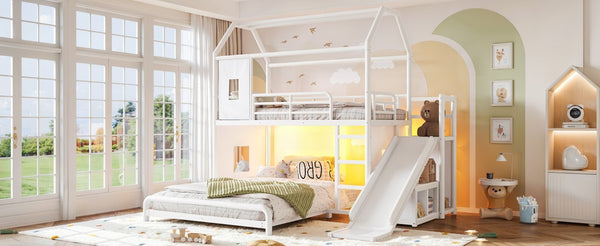 English Elm Twin Over Full Metal Playhouse Bunk Bed with Slide LED Strip and Privacy Curtain Antique White W5305S00163