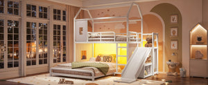 English Elm Twin Over Full Metal Playhouse Bunk Bed with Slide LED Strip and Privacy Curtain Antique White W5305S00163